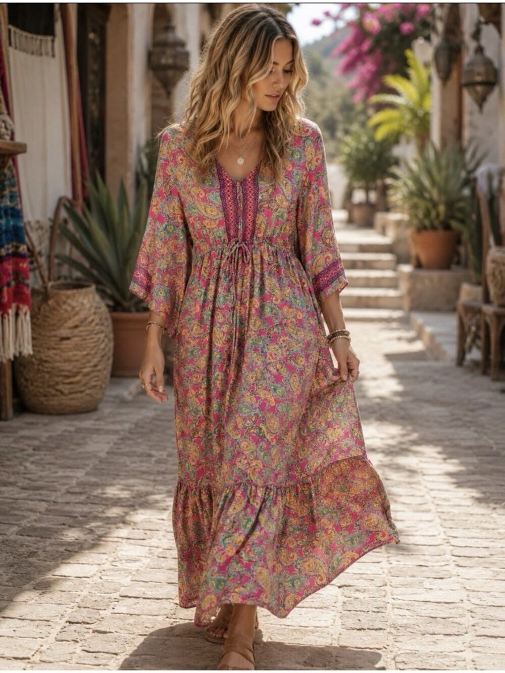 ME 2 MAGIC Boho Floral Maxi Dress Sz XL Pink Paisley Hippie 70s Vibes Vibrant